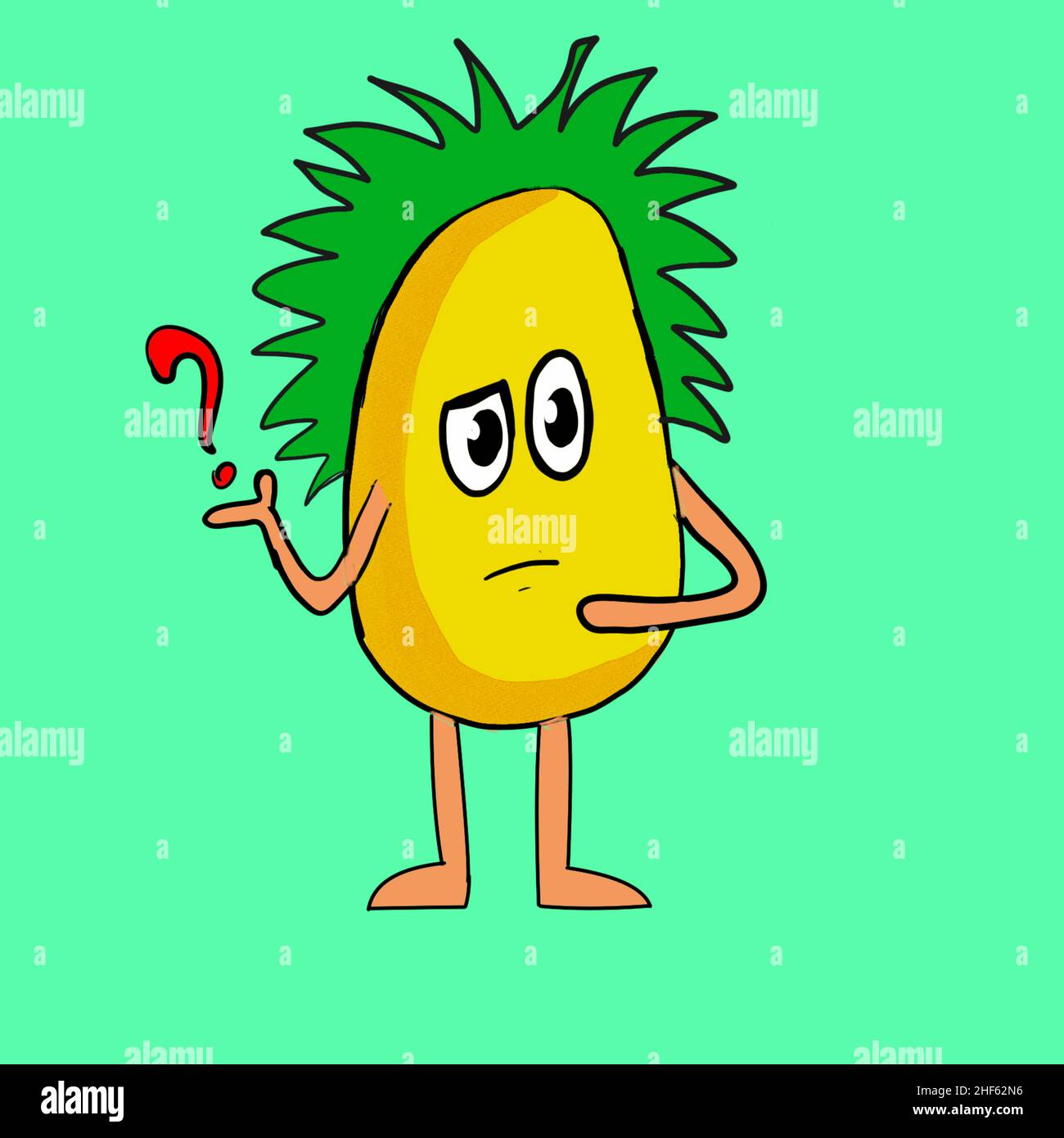 Cute Mango Fruit illustration with question mark on his right hand Stock Photo