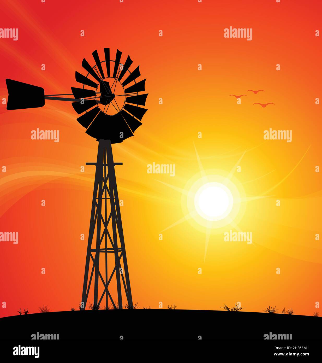 australian water pump windpump metal windmill silhouette against sunset background vector illustration Stock Vector