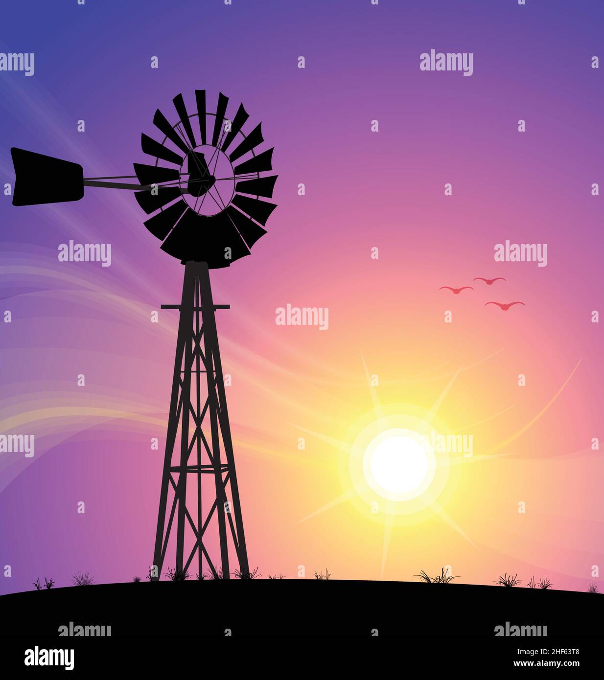 australian water pump windpump metal windmill silhouette against sunset background vector illustration Stock Vector