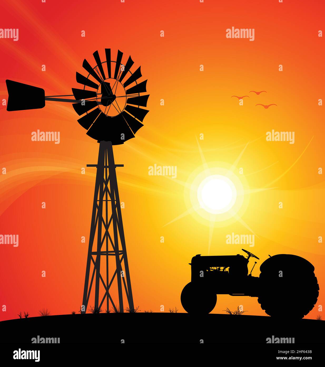 australian water pump windpump metal windmill and tractor silhouette against sunset background vector illustration Stock Vector