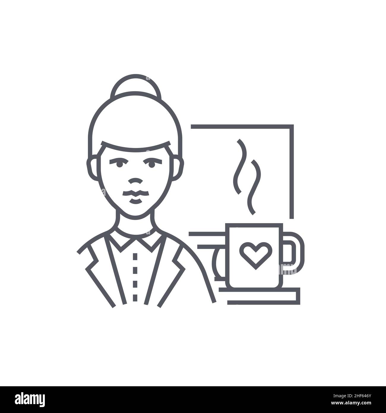 Barista girl - modern black line design style icon on white background. Neat detailed image of woman in a tailcoat who works in a bar of a cafe, resta Stock Vector