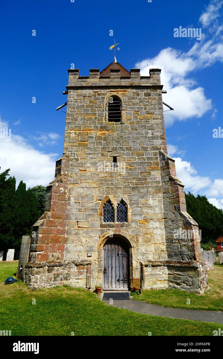 Belfry and buttresses of St Thomas a Becket church in summer, Capel, Kent, England Stock Photo
