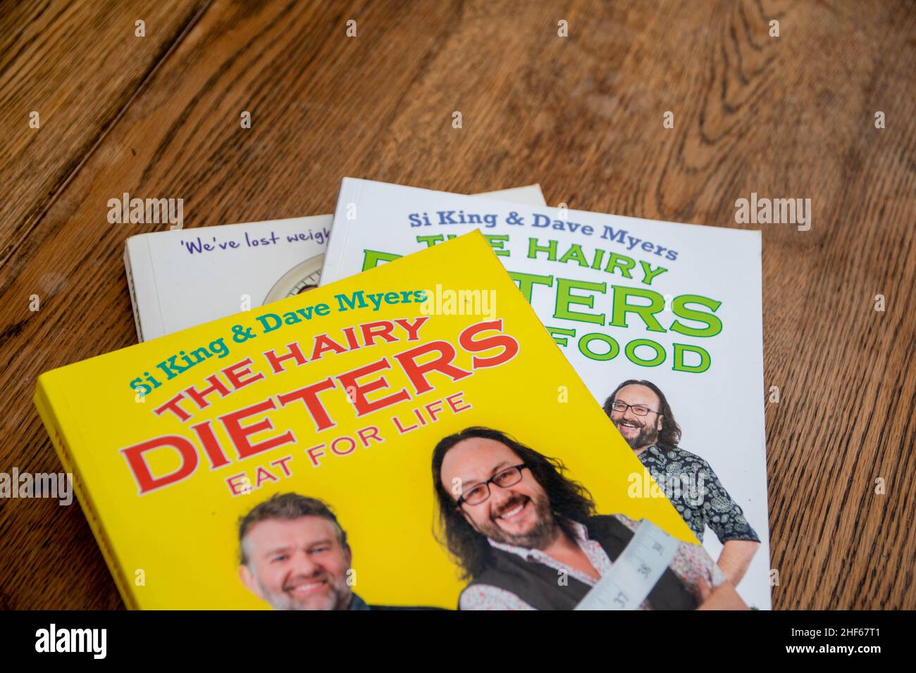 Durham, UK - 20 Nov 2020: Si King and David Myers Hairy Dieters celebrity cook book by the Hairy Bikers. Celeb chefs teach how to cook real food but s Stock Photo