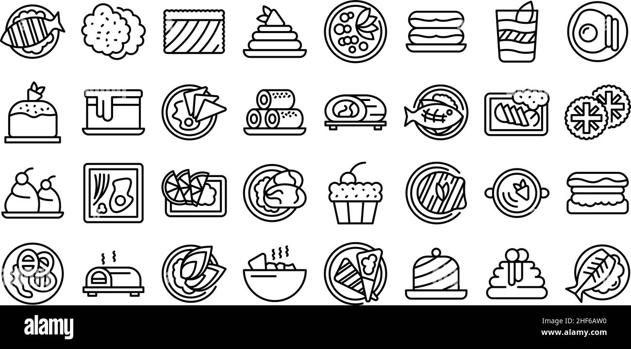 Australian cuisine icons set outline vector. Cake breakfast. Dish fish Stock Vector