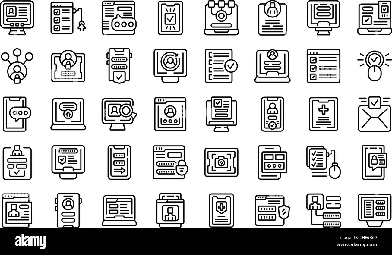 Online registration icons set outline vector. Device apply. Electronic ...