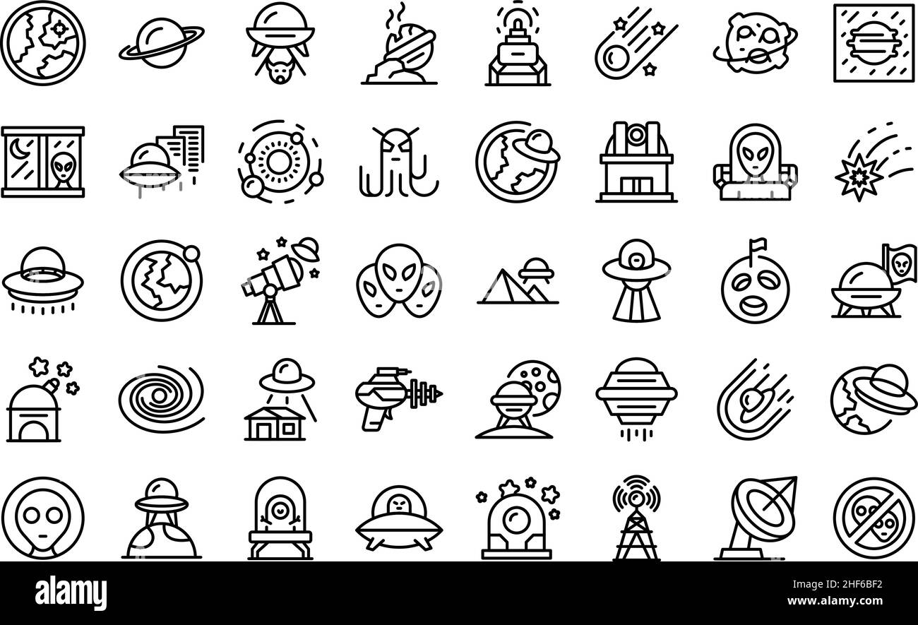 Space aliens icons set outline vector. Rocket spaceship. Monster mars Stock Vector