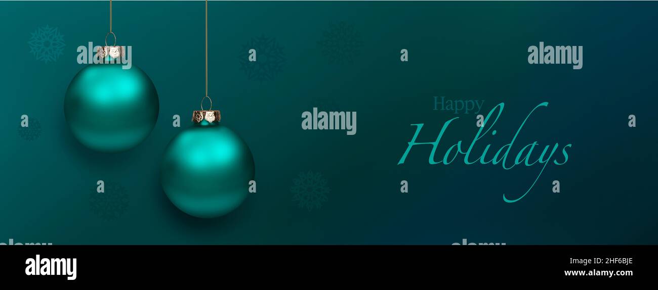 Glänzende Weihnachtskugeln am Band auf türkis-blauem Hintergrund Stock Photo