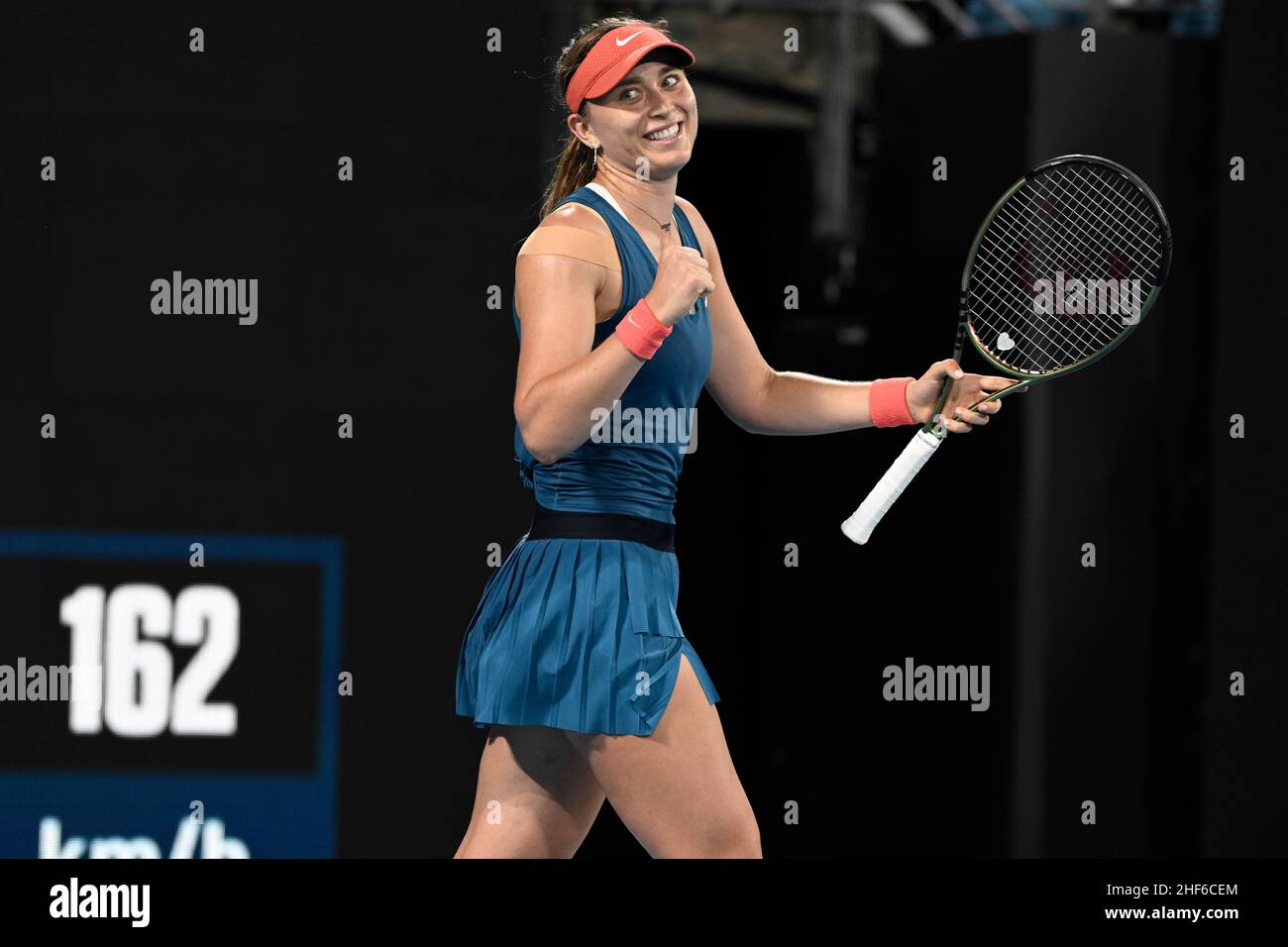 14th January 2022: Ken Rosewall Arena, Sydney Olympic Park, Sydney, Australia; Sydney Tennis Classic, Day 6 Semi Final: Paula Badosa of Spain reacts after winning a point in her match against Paula Badosa of Spain Stock Photo