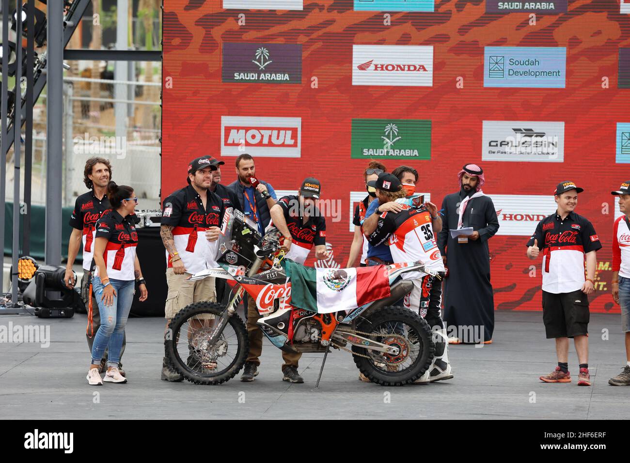 Jeddah, Saudi Arabia. 14th Jan, 2022. 35 Guillen Rivera Juan Pablo (mex), Nomadas Adventure, KTM 450 Rally, Moto, W2RC, Castera David, Director of the Rallye Dakar, portrait during the Podium Finish of the Dakar Rally 2022, on January 14th 2022 in Jeddah, Saudi Arabia - Photo Julien Delfosse / DPPI Credit: DPPI Media/Alamy Live News Stock Photo