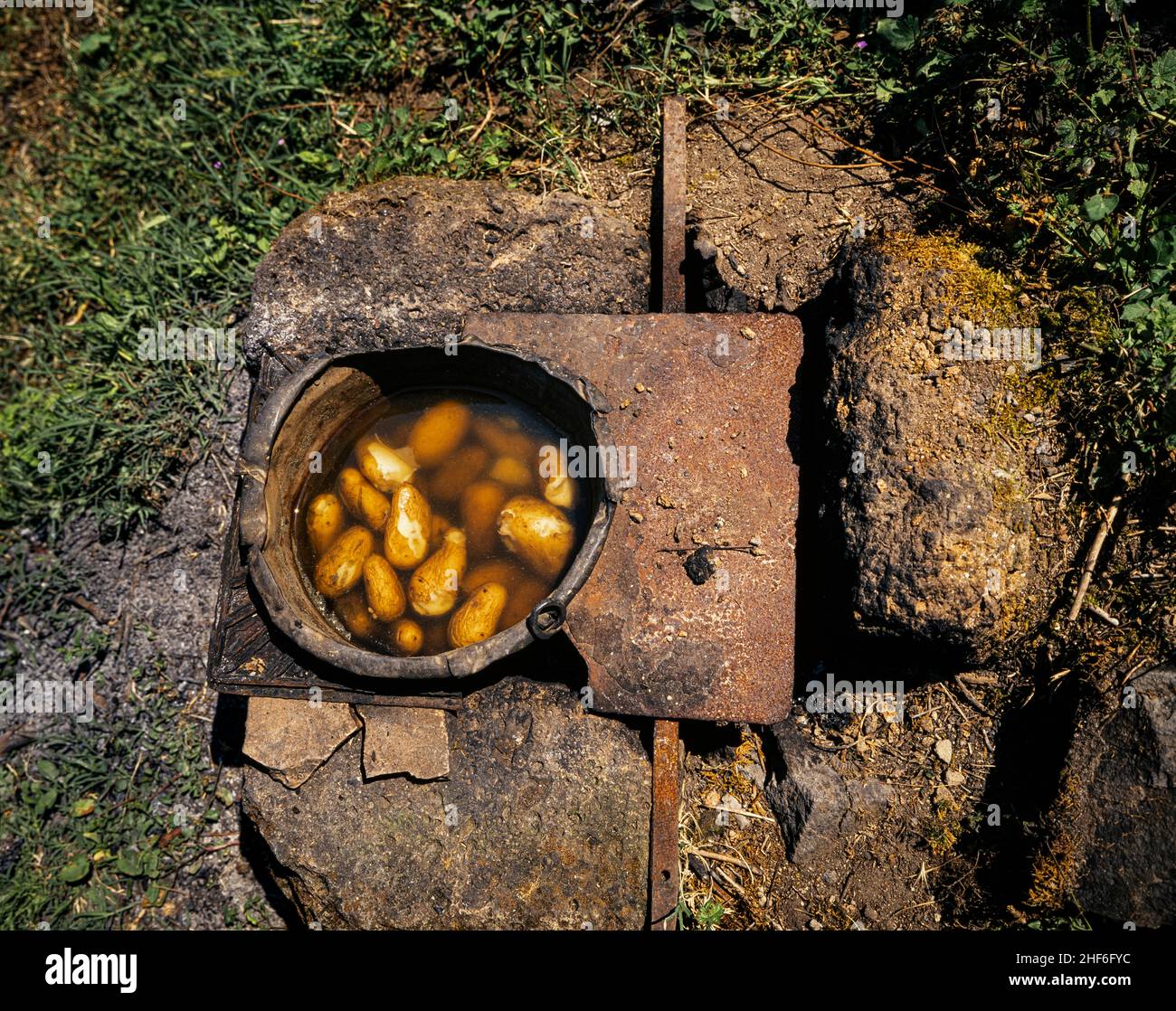 Fireplace,  boil potatoes,  rustic Stock Photo