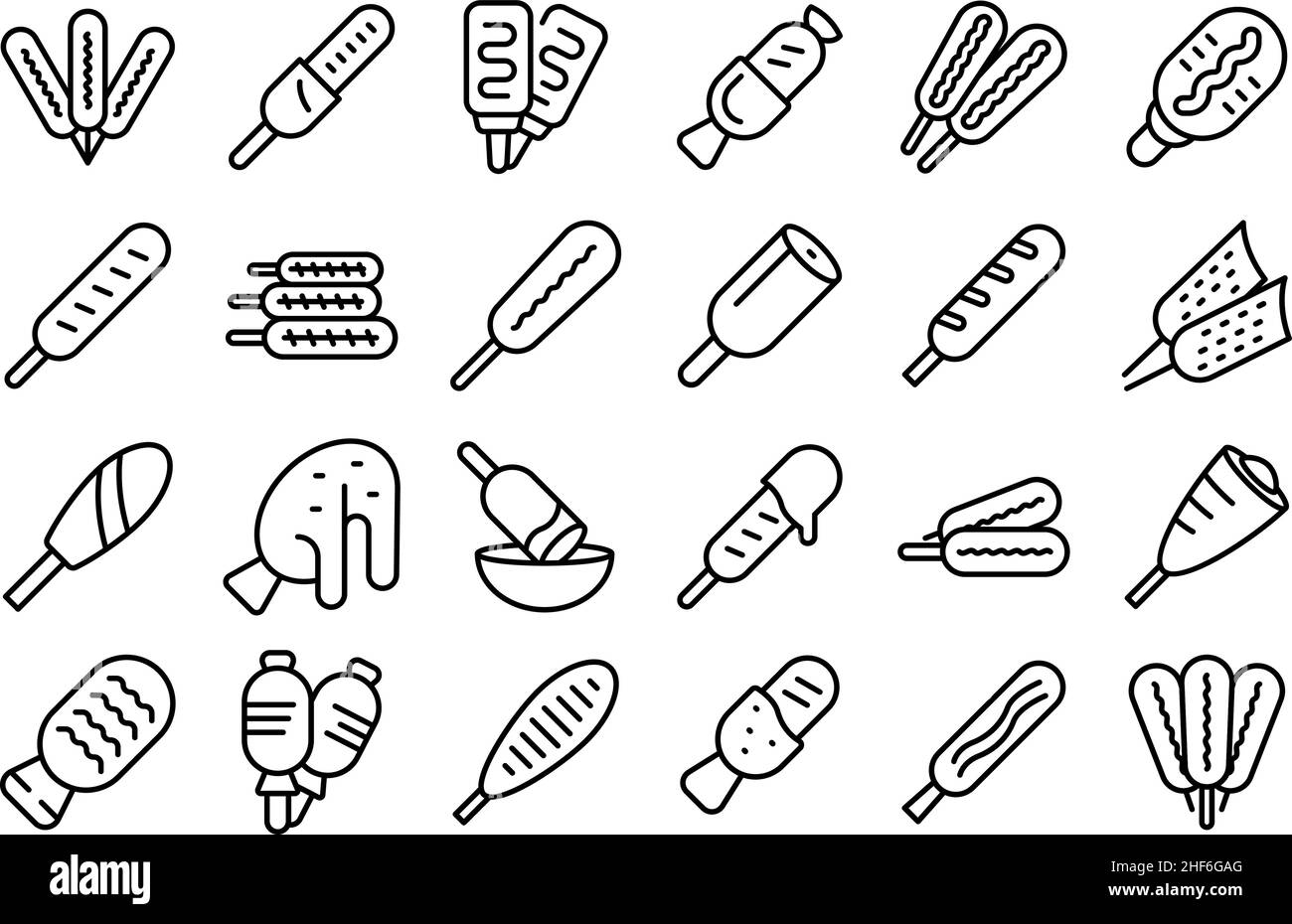 Corn dog icons set outline vector. American carnival. Chili dish Stock Vector