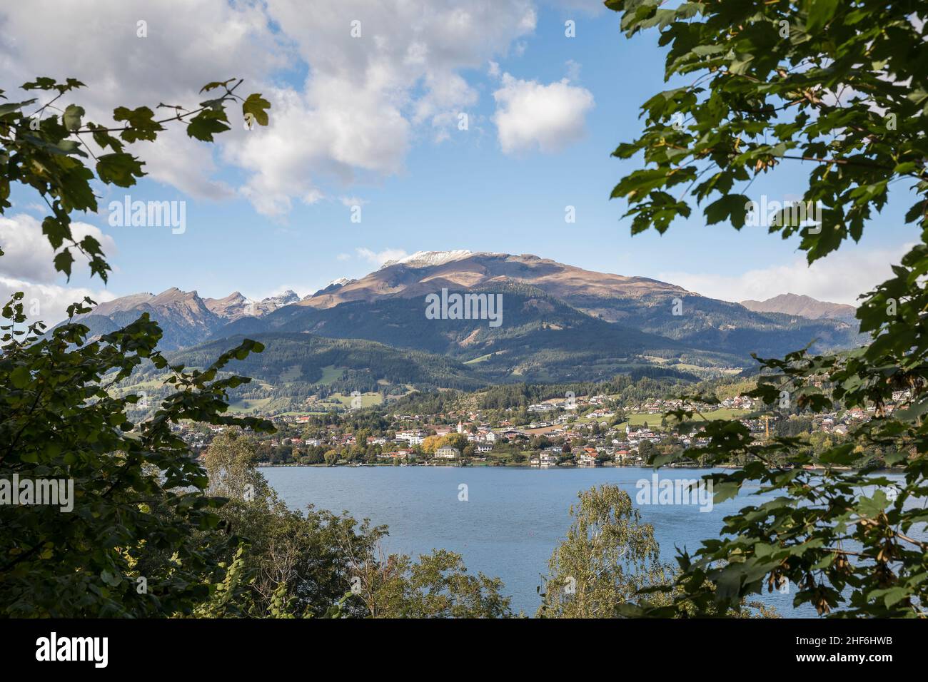 Lake Millstatt,  view from the south bank towards Seeboden,  behind it the Ankogel group with the Gmeineck (2592 m),  Carinthia,  Austria,  Europe Stock Photo