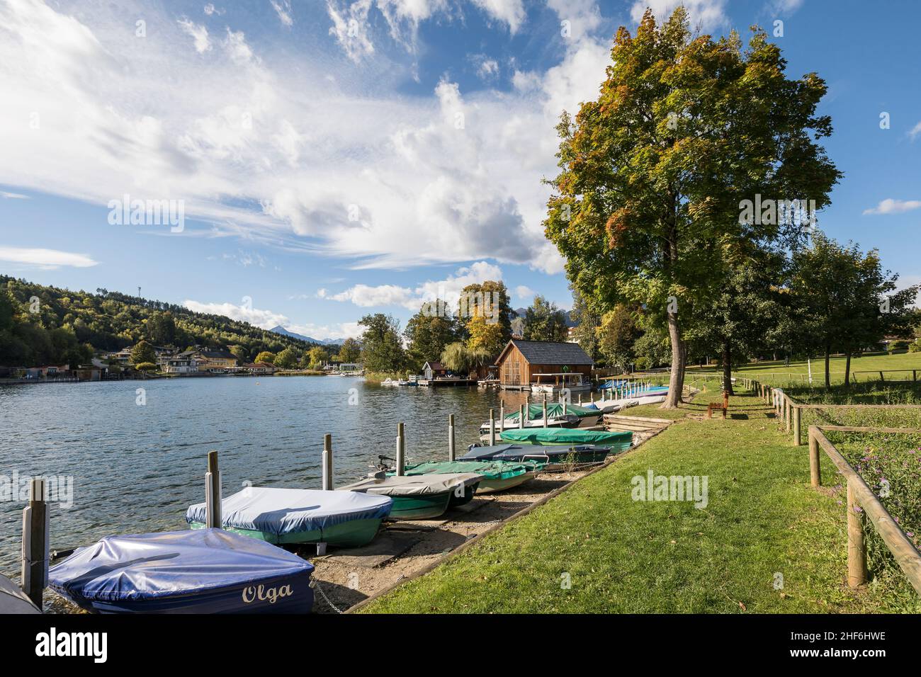 Boat landing stage at the fishing port on Lake Millstatt near Klingerpark,  Seeboden,  Carinthia,  Austria,  Europe Stock Photo