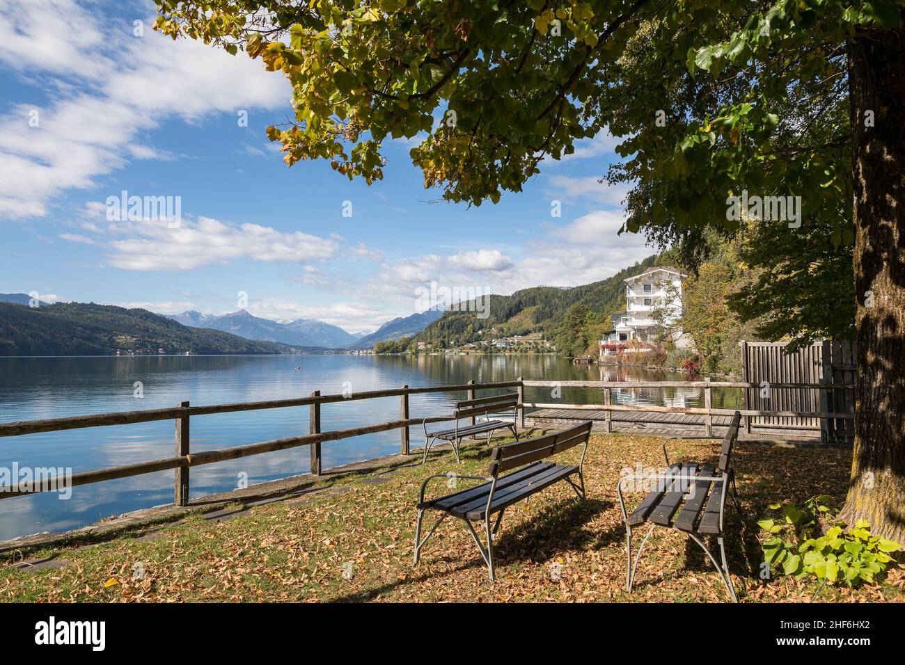 View of Millstätter See from Dellach towards Seeboden,  Dellach,  Carinthia,  Austria,  Europe Stock Photo
