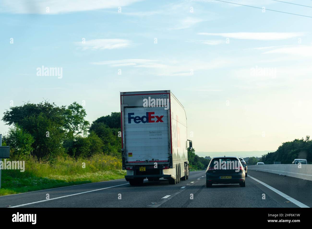 Durham, UK - 23rd August 2019: Fedex, Federal Express,lorry driving down a British motorway. American multinational courier delivery services. Deliver Stock Photo