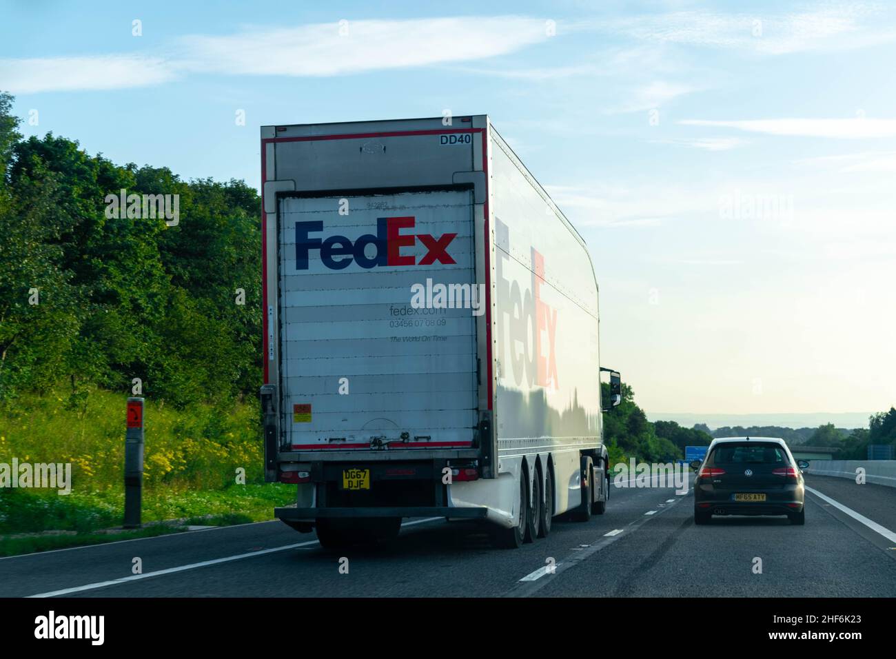 Durham, UK - 23rd August 2019: Fedex, Federal Express,lorry driving down a British motorway. American multinational courier delivery services. Deliver Stock Photo