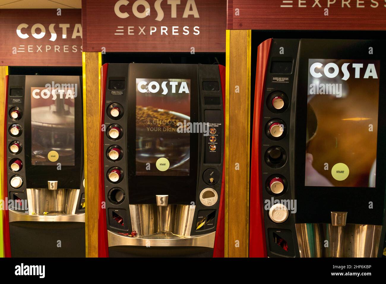 Durham, UK - 23rd August 2019: Costa Coffee Express coffee machine at a motorway service station. Motorists can self serve a hot caffeine beverage Stock Photo