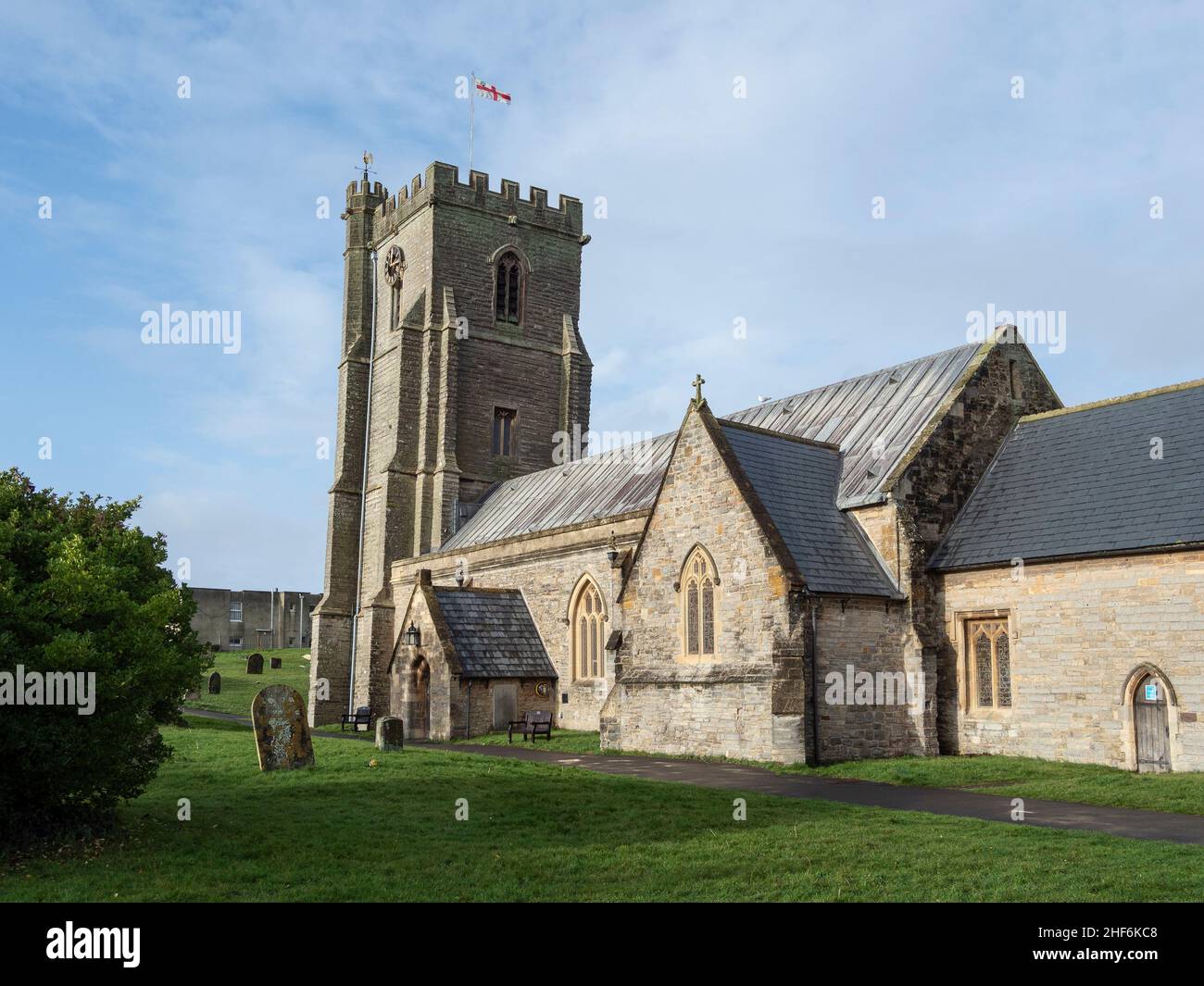 St Andrew's Church, Burnham-on-Sea, Somerset, England. The church is known for having leaning tower. Stock Photo