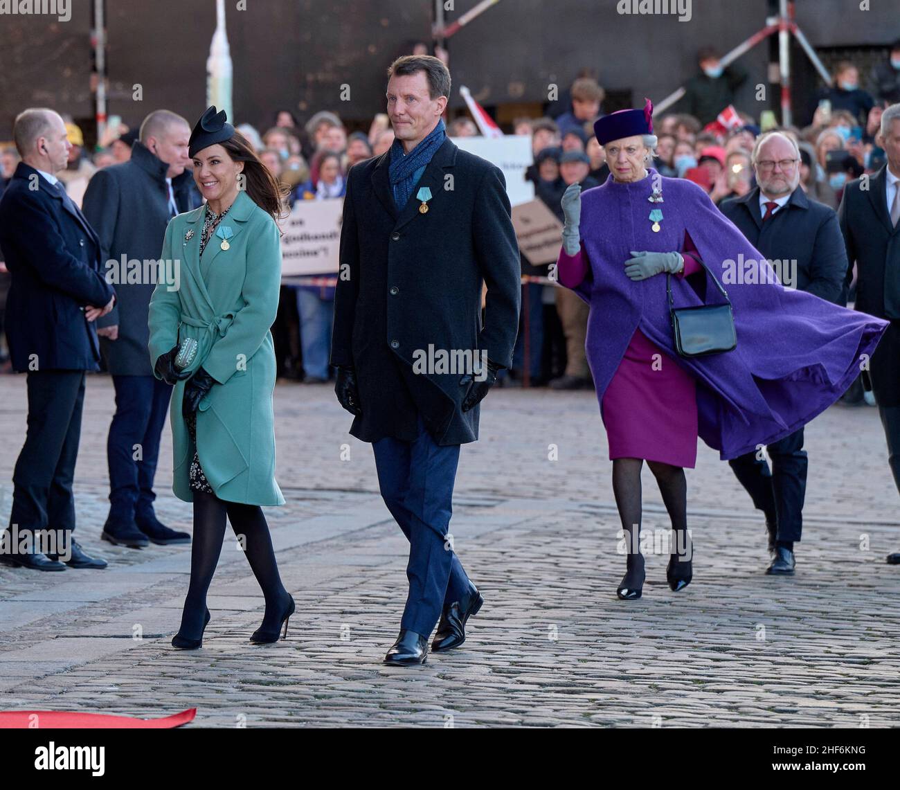 Roskilde, Denmark. 14th Jan, 2022. Prince Joachim, Princess Marie and Princess Benedikte during wreath-laying at Frederik 9's and Queen Ingrid's tomb at Roskilde Cathedral on the occasion of the 50th anniversary of Frederik 9's death and Queen Margrethe's 50th anniversary as regent. Photo by Stefan Lindblom/Stella Pictures/ABACAPRESS.COM Credit: Abaca Press/Alamy Live News Stock Photo