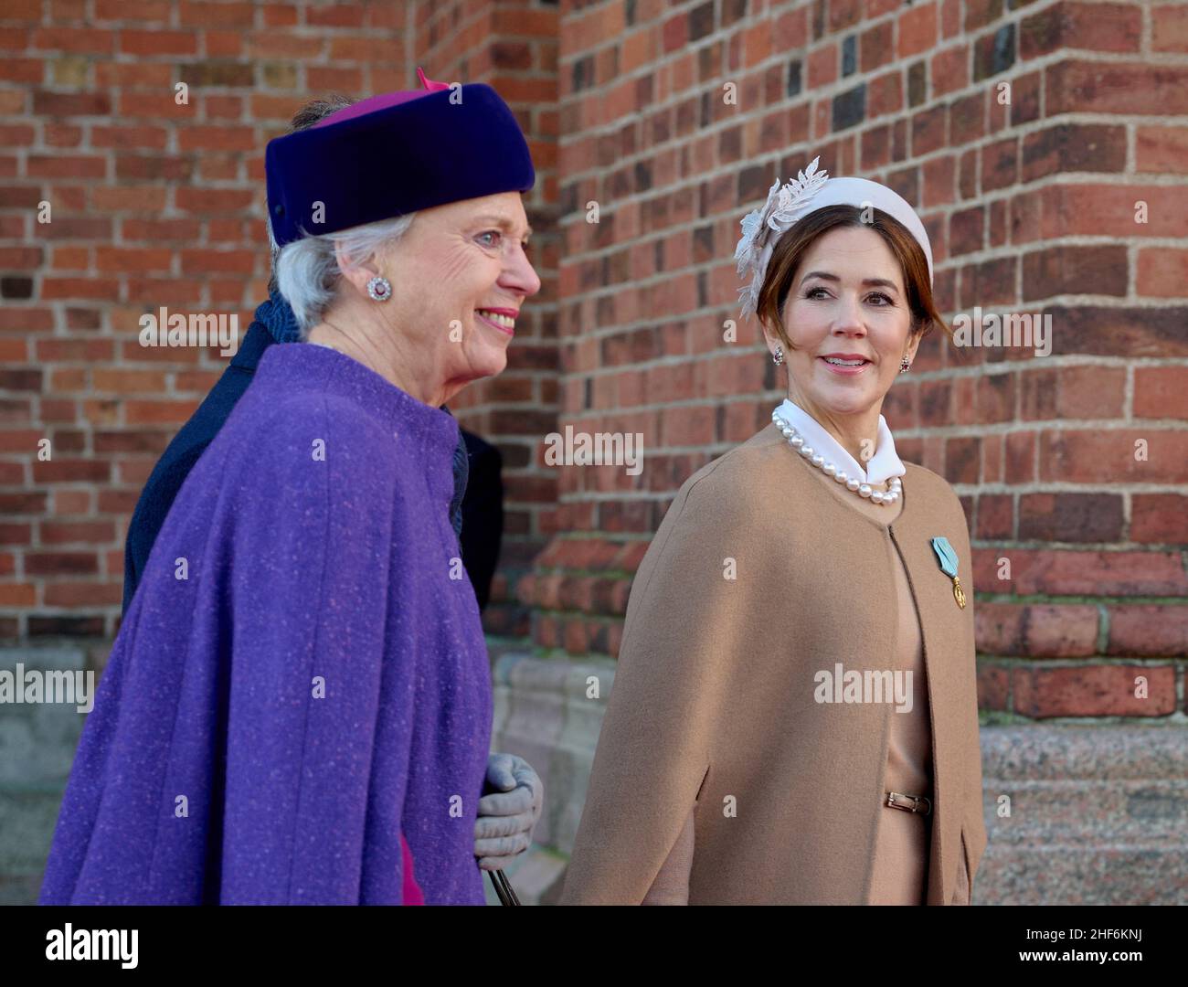 Roskilde, Denmark. 14th Jan, 2022. Princess Benedikte and Princess Mary during wreath-laying at Frederik 9's and Queen Ingrid's tomb at Roskilde Cathedral on the occasion of the 50th anniversary of Frederik 9's death and Queen Margrethe's 50th anniversary as regent. Photo by Stefan Lindblom/Stella Pictures/ABACAPRESS.COM Credit: Abaca Press/Alamy Live News Stock Photo