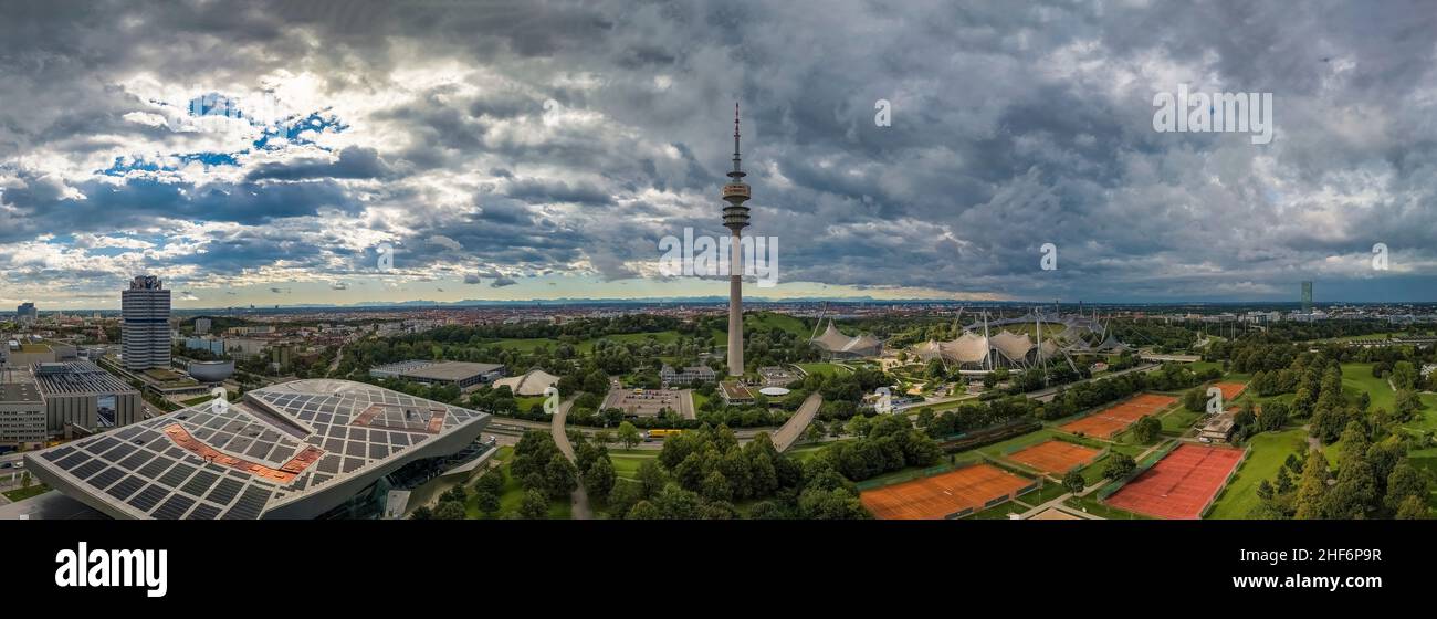 Aerial view of Olympiapark and the Olympiaturm Olympic Tower . Munich,  Bavaria,  Germany. Stock Photo