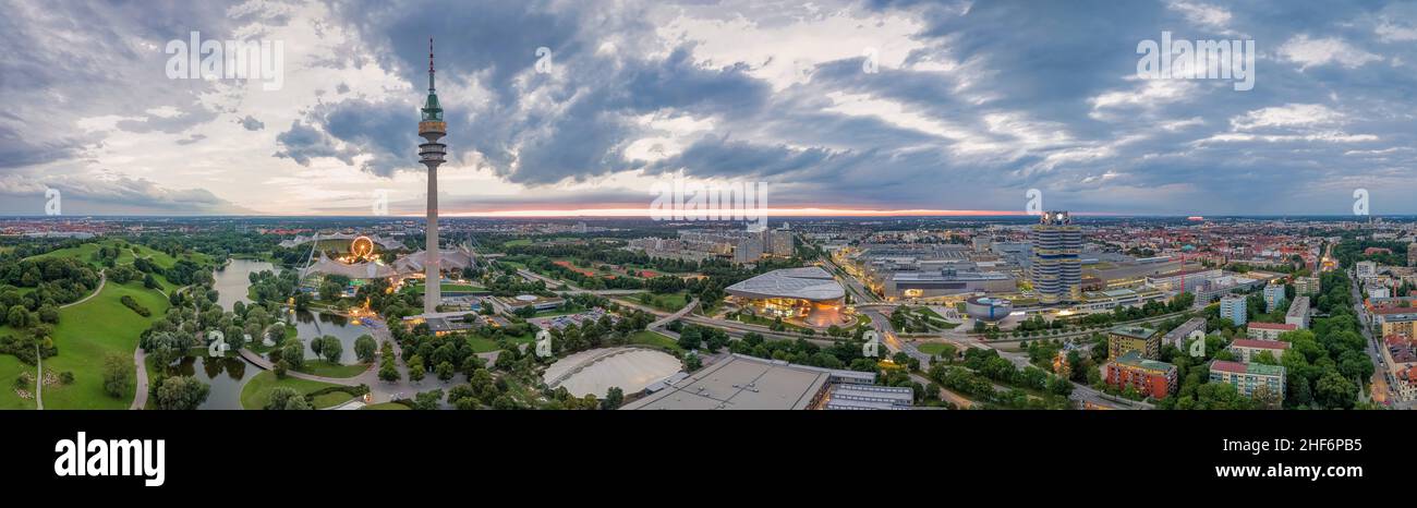 Birds eye view over the Olympic Park in Munich,  Bavaria made by a DJI Mavic Pro drone. Stock Photo