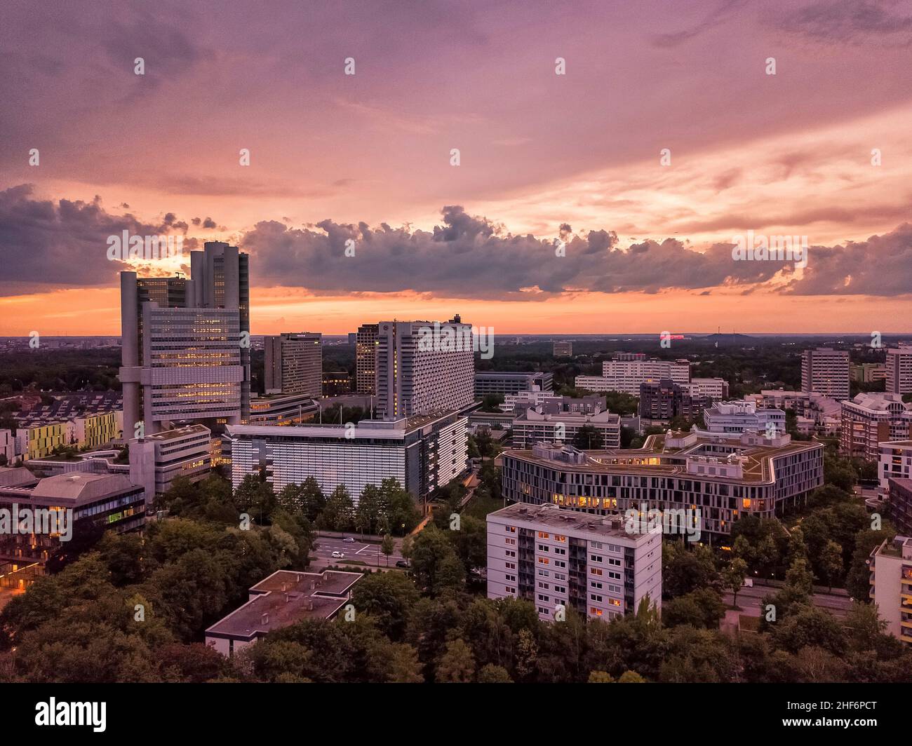 Munich from above,  a droneshot in the colorful evening,  Bavaria,  Germany. Stock Photo