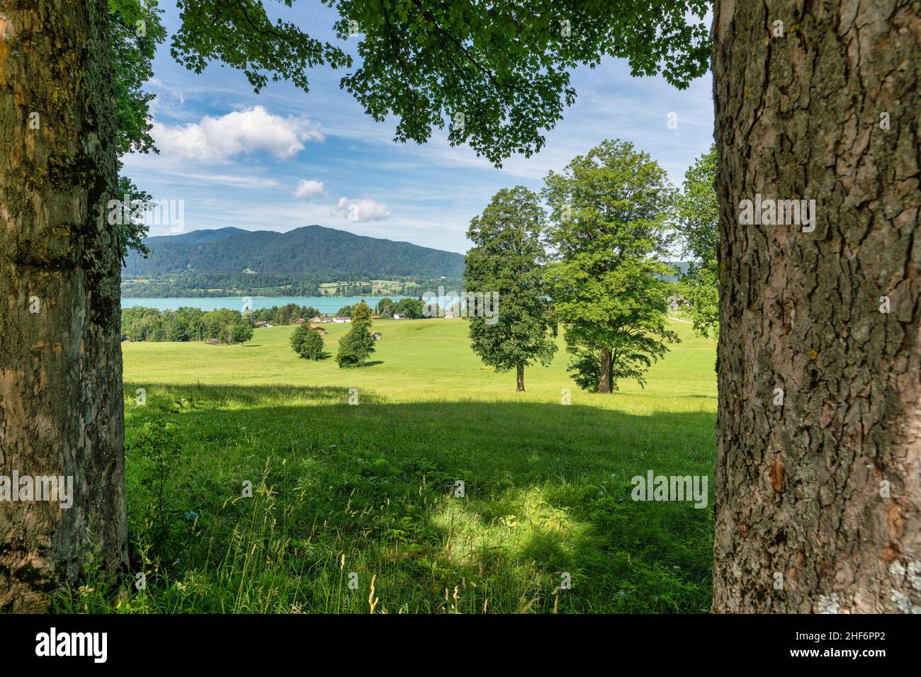 Framed view at the wonderful turquoise colored Tegernsee,  a famous tourism hotspot in southern bavaria,  time to relax Stock Photo