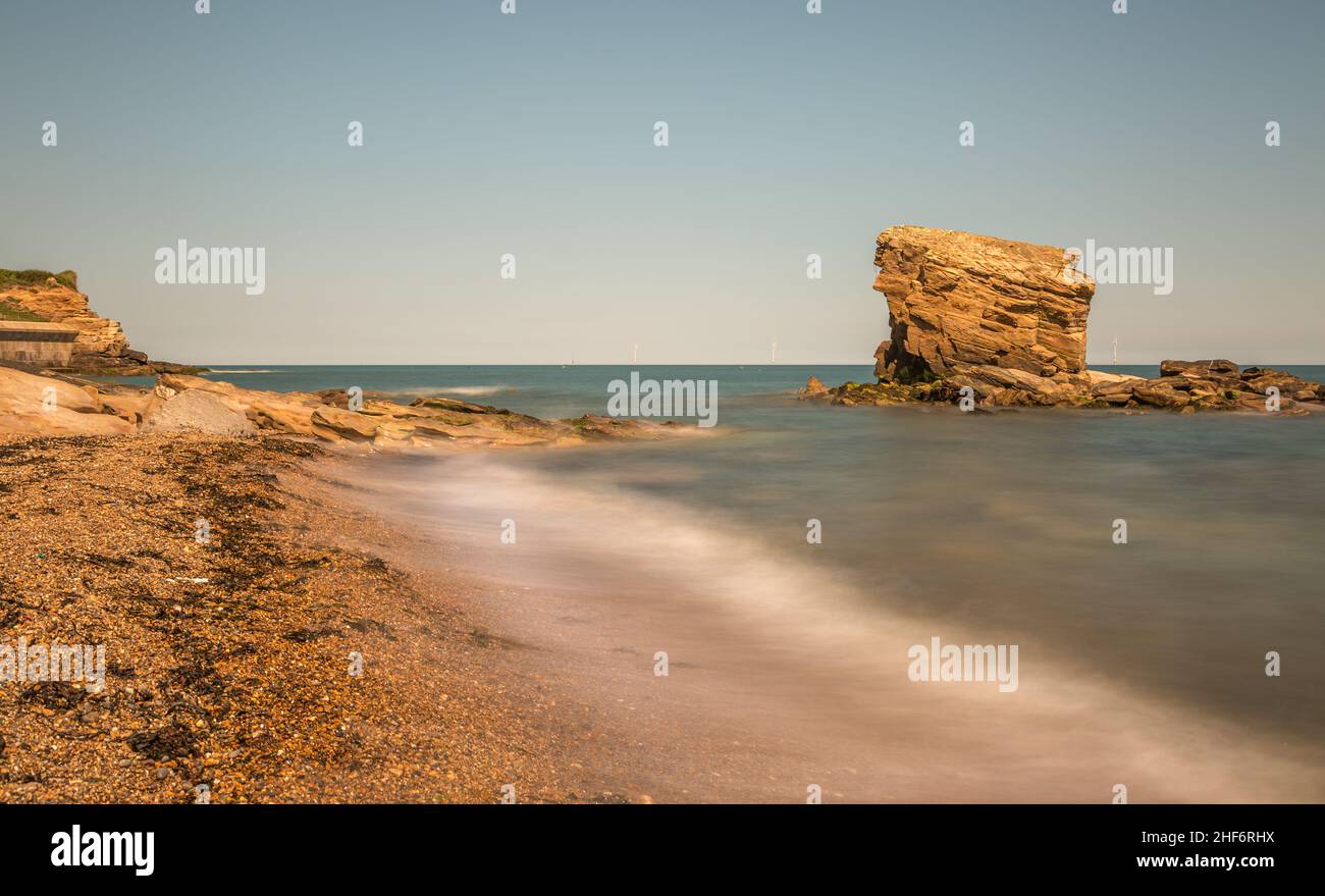 'Charley's Garden' is a sandstone sea stack in Collywell Bay, Seaton Sluice, Northumberland. Stock Photo