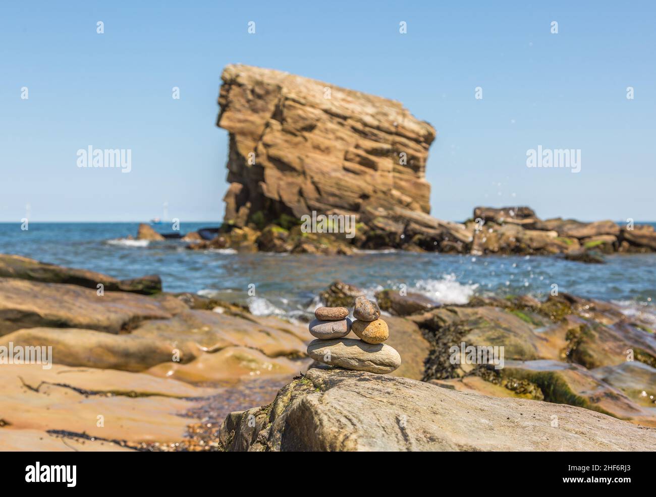 'Charley's Garden' is a sandstone sea stack in Collywell Bay, Seaton Sluice, Northumberland. Stock Photo