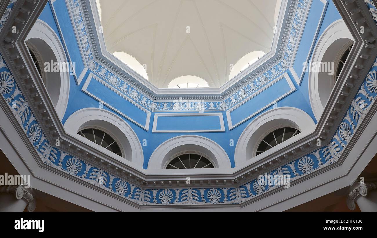 Greece,  the Greek islands,  Ionian islands,  Corfu,  Corfu town,  Park Von Repos,  museum,  interior,  blue balustrades,  diagonally from below,  wide-angle recording, Stock Photo