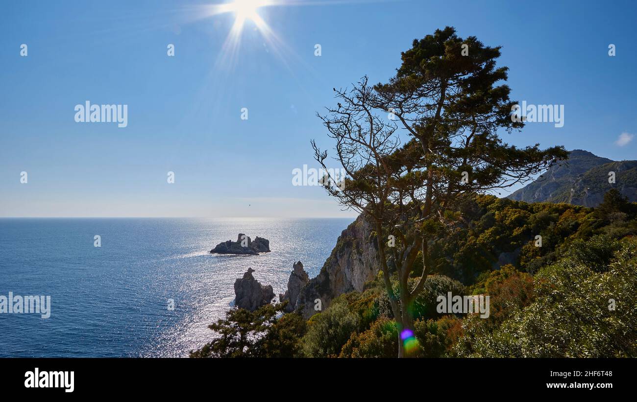 Greece,  Greek Islands,  Ionian Islands,  Corfu,  northwest,  Paleokastritsa,  view from the monastery up to the sea and an offshore islet,  back light,  star-shaped sun,  trees in the foreground,  glitter on the water Stock Photo
