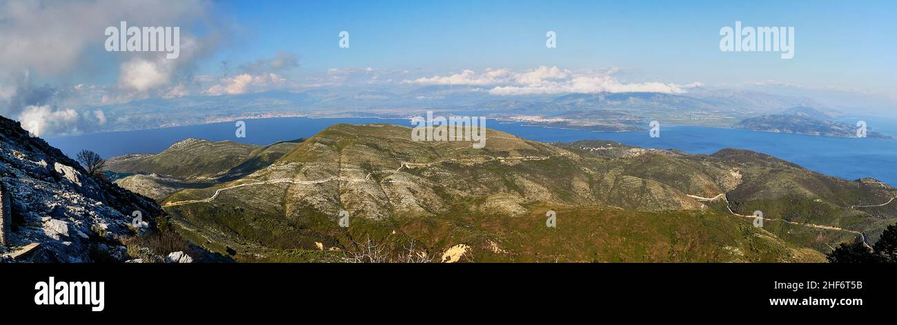 Greece,  Greek Islands,  Ionian Islands,  Corfu,  highest peak of the island,  Pantokrator,  panoramic picture from the summit,  view to the north to the mainland and to Albania Stock Photo