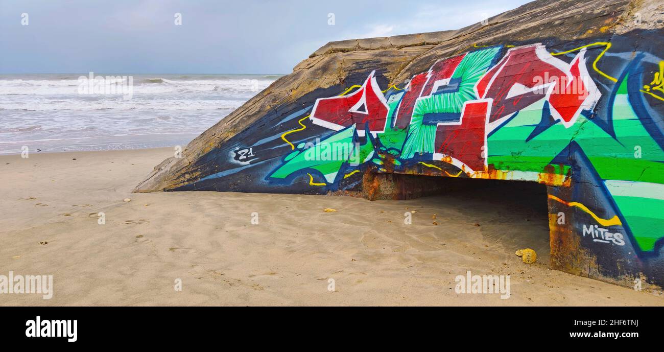 Artistic graffiti on the bunkers on the beach Plage Le Gurp,  France,  Atlantic coast, Stock Photo