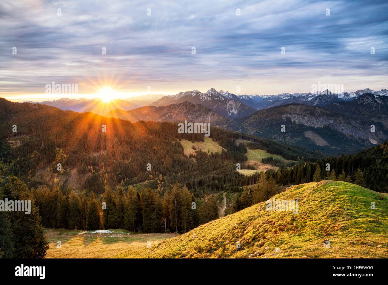 Beautiful sunrise in the mountains. View from the Reuterwanne to the Tannheim mountains. Tyrol,  Austria,  Bavaria,  Germany,  Europe Stock Photo