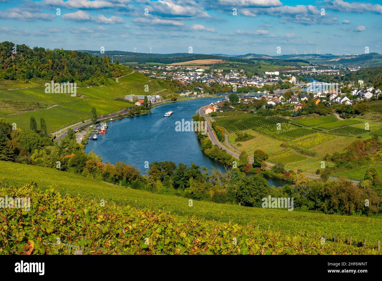 View to Grevenmacher and Wellen (Germany),  Upper Moselle,  Grand Duchy of Luxembourg Stock Photo