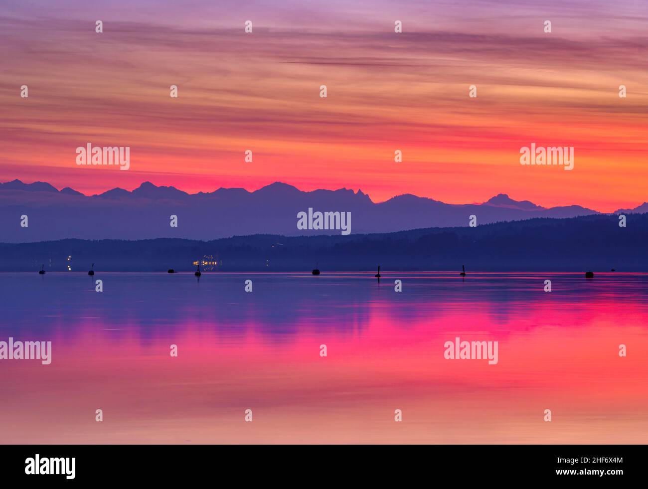 Sunset at Lake Starnberg,  Fünfseenland,  Upper Bavaria,  Bavaria,  Germany,  Europe Stock Photo