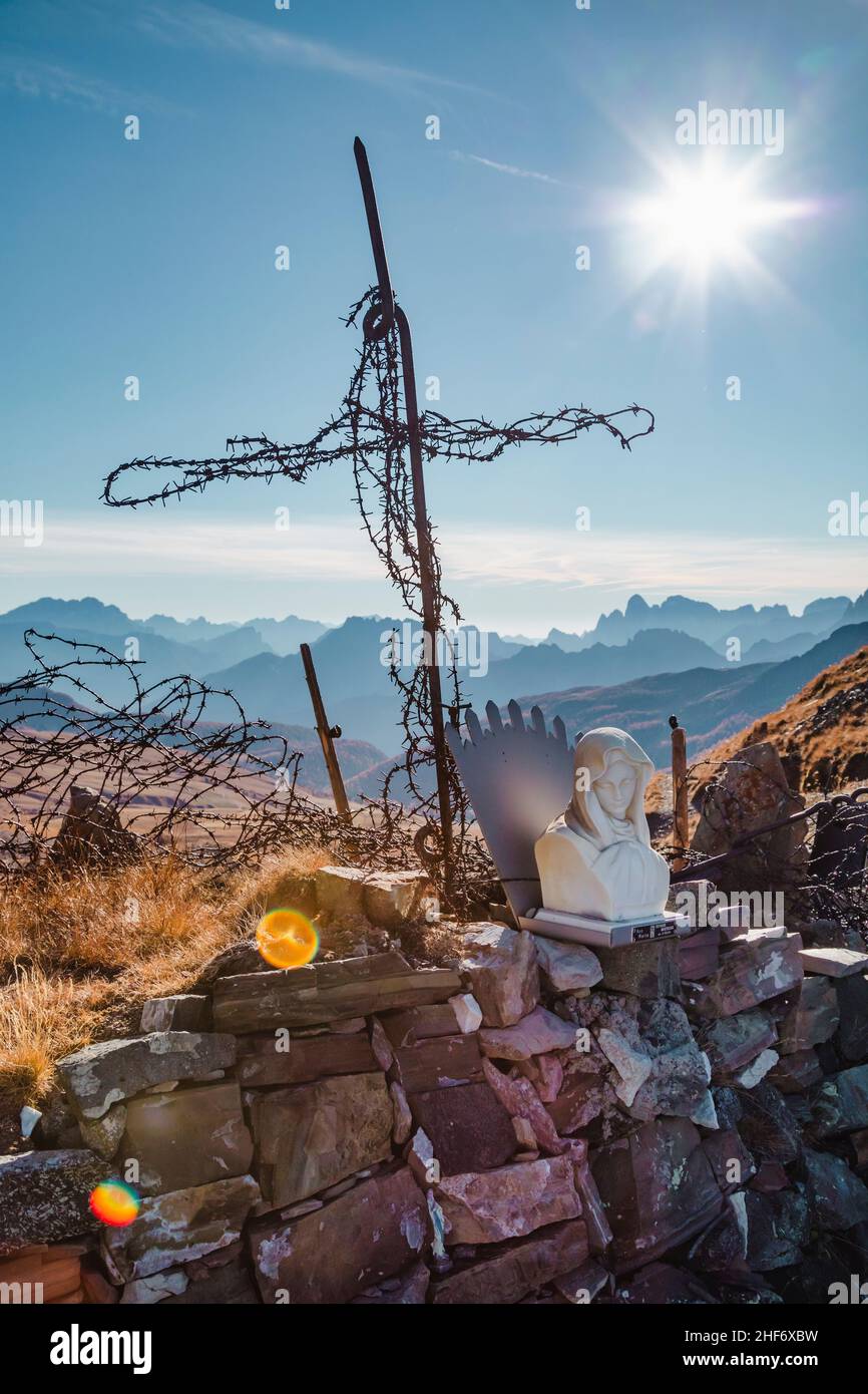 Tribute to the fallen of the First World War,  Great War memorial on the mountainous front line between Italy and Austria,  Passo delle Selle saddle,  Dolomites,  Pozza di Fassa,  Trento province,  Trentino-Alto Adige,  Italy Stock Photo