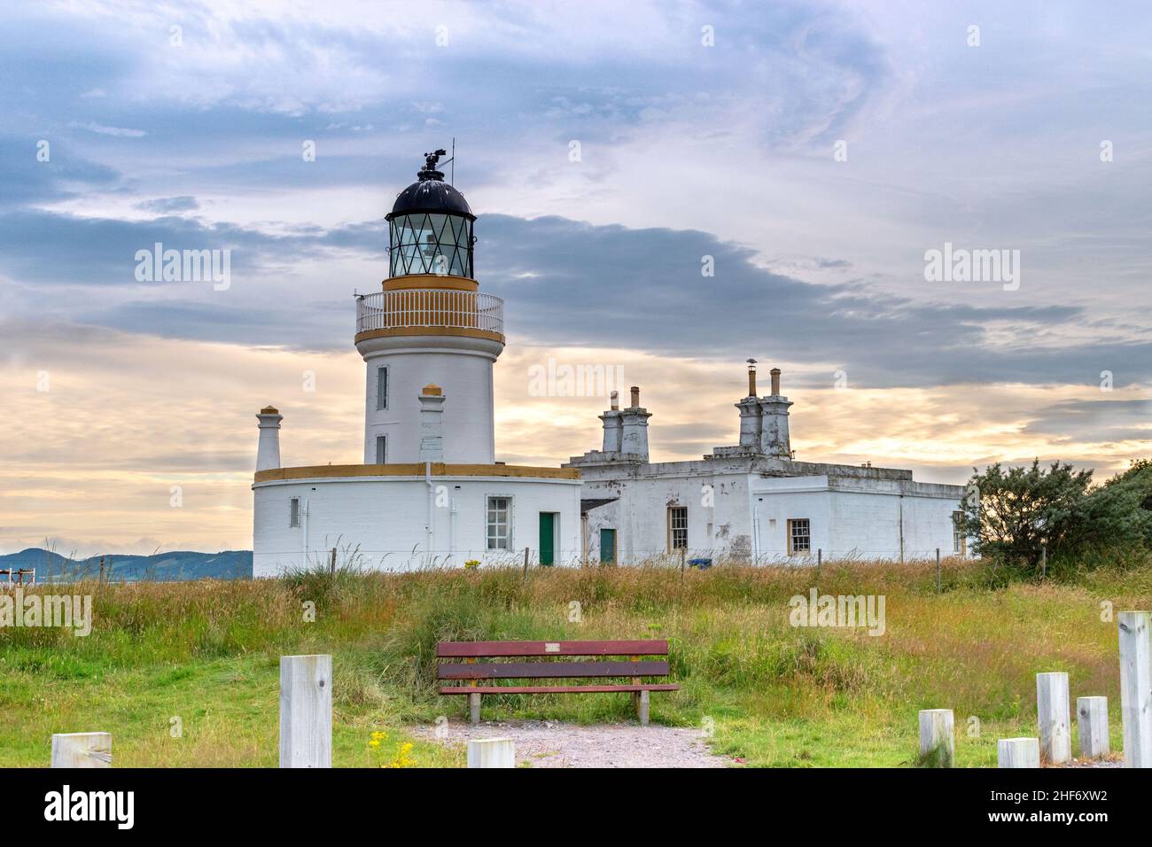 view of Chanonry Point Lighthouse at sunset in summer in Higlands of Scotland. Stock Photo