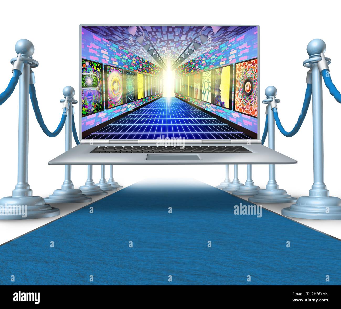 Online Art Gallery and virtual museum concept as a web exhibition of artistic digital content as an interactive metaverse experience with NFT crypto. Stock Photo