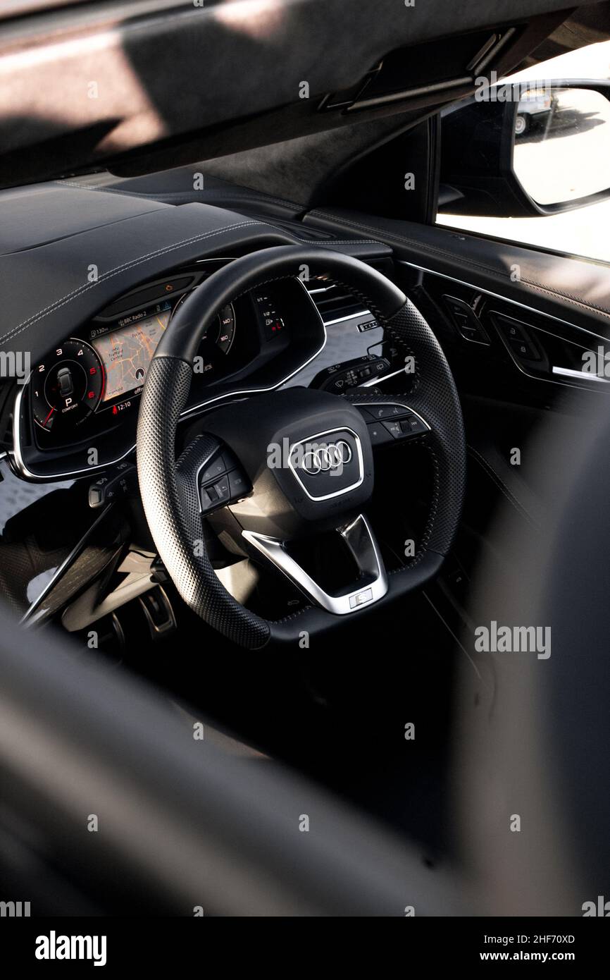 A 2019 Audi Q8 With Black  Leather Multi Function Steering Wheel With Digital Dashboard Stock Photo