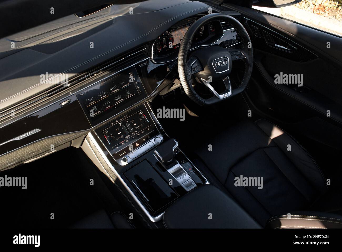 A 2019 Audi Q8 With Black  Leather Multi Function Steering Wheel With Digital Dashboard With Touch Screen Centre Console Stock Photo
