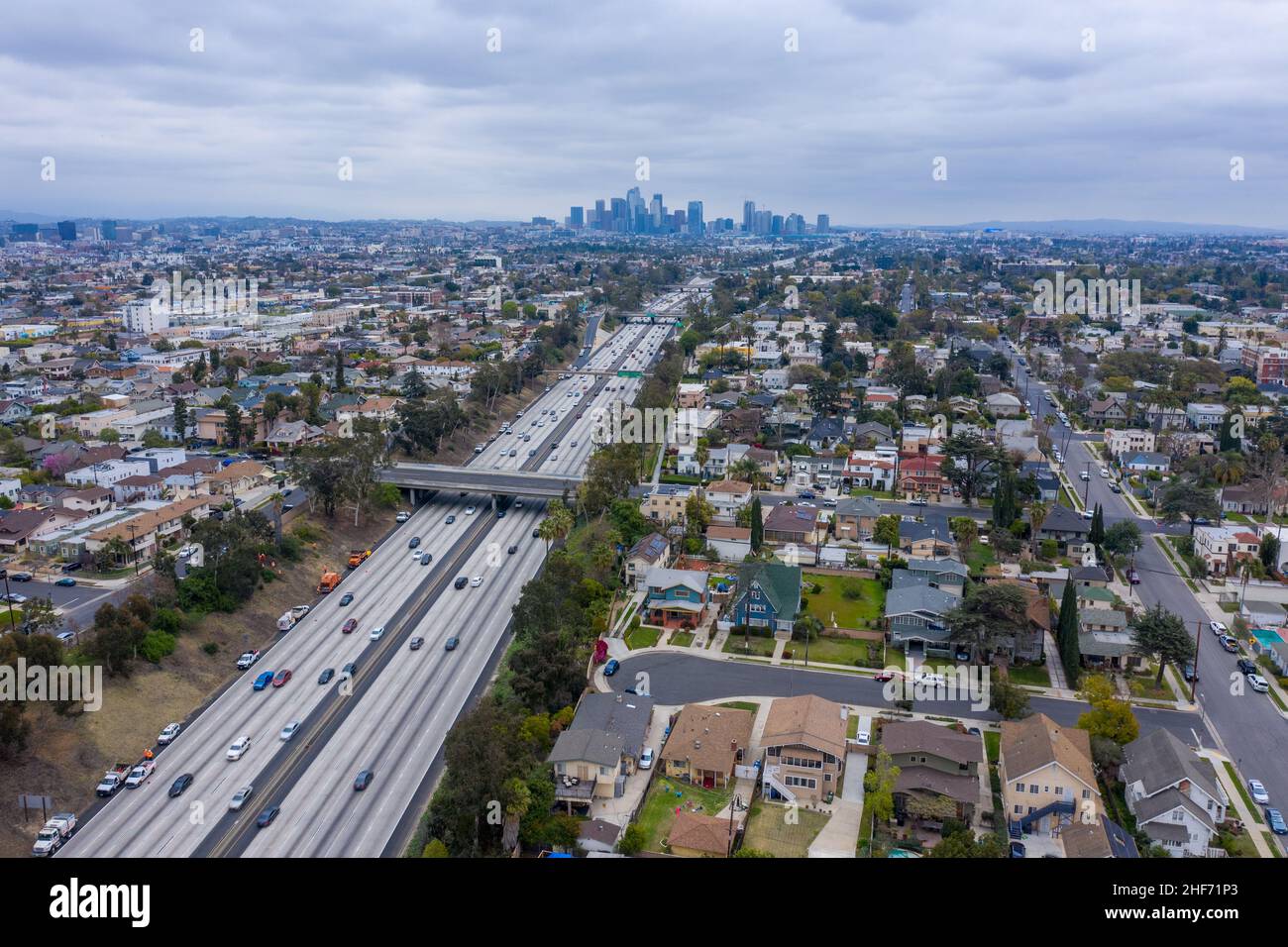 Downtown Los Angeles and interstate 10 on a cloudy day - South Los Angeles, Los Angeles, California, United States (US) Stock Photo