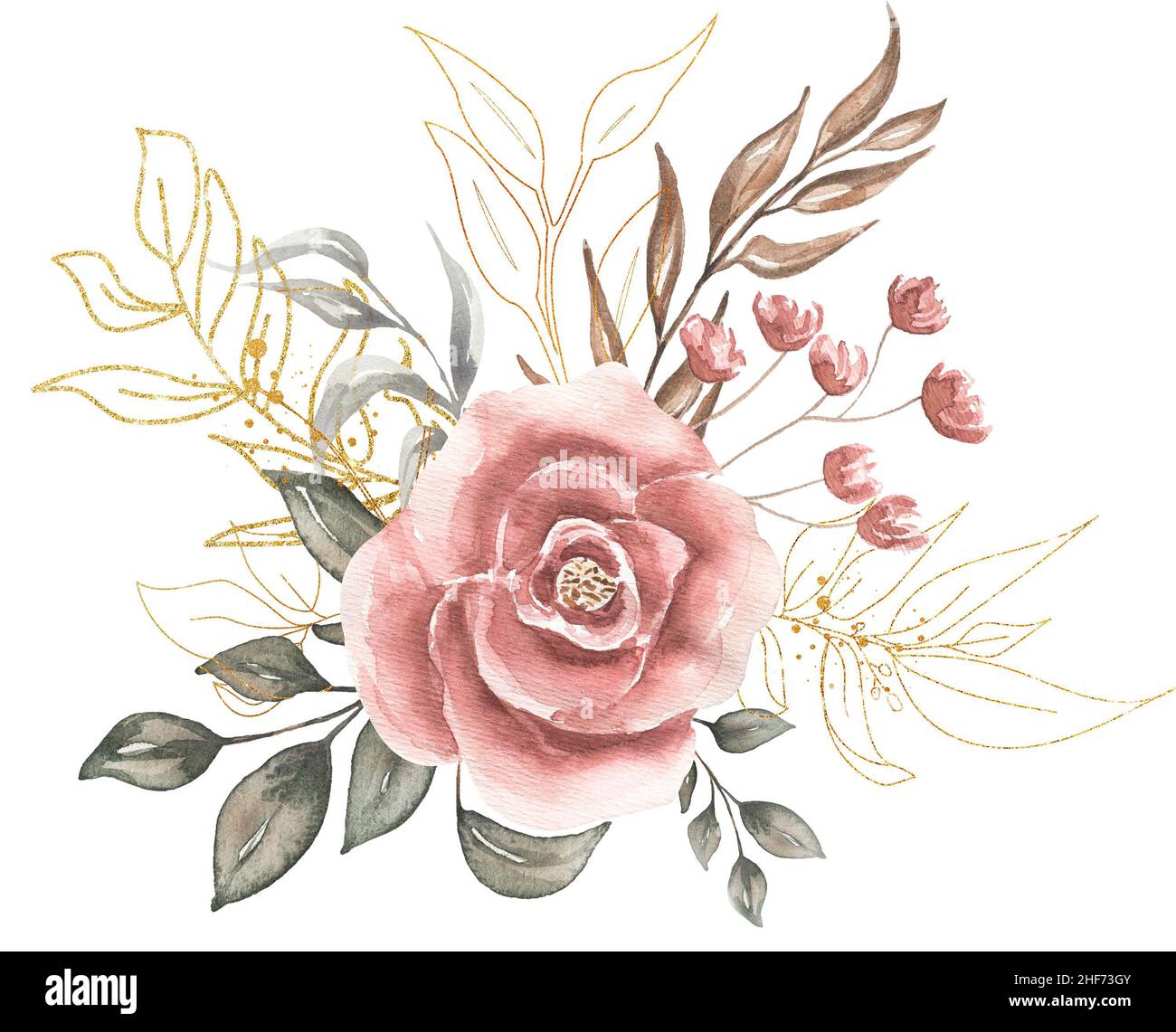 Greenery, golden florals and red peony bouquet illustration, Watercolor