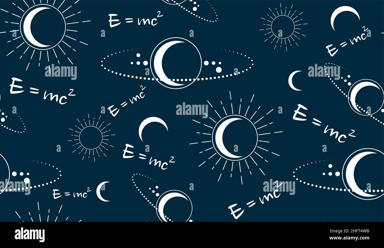 Space vector seamless pattern with physical speed of light formula E=MC2. Moon, sun, stars, orbits, Planes. Magic pagan Wicca symbol. Vector Alchemy, Stock Vector