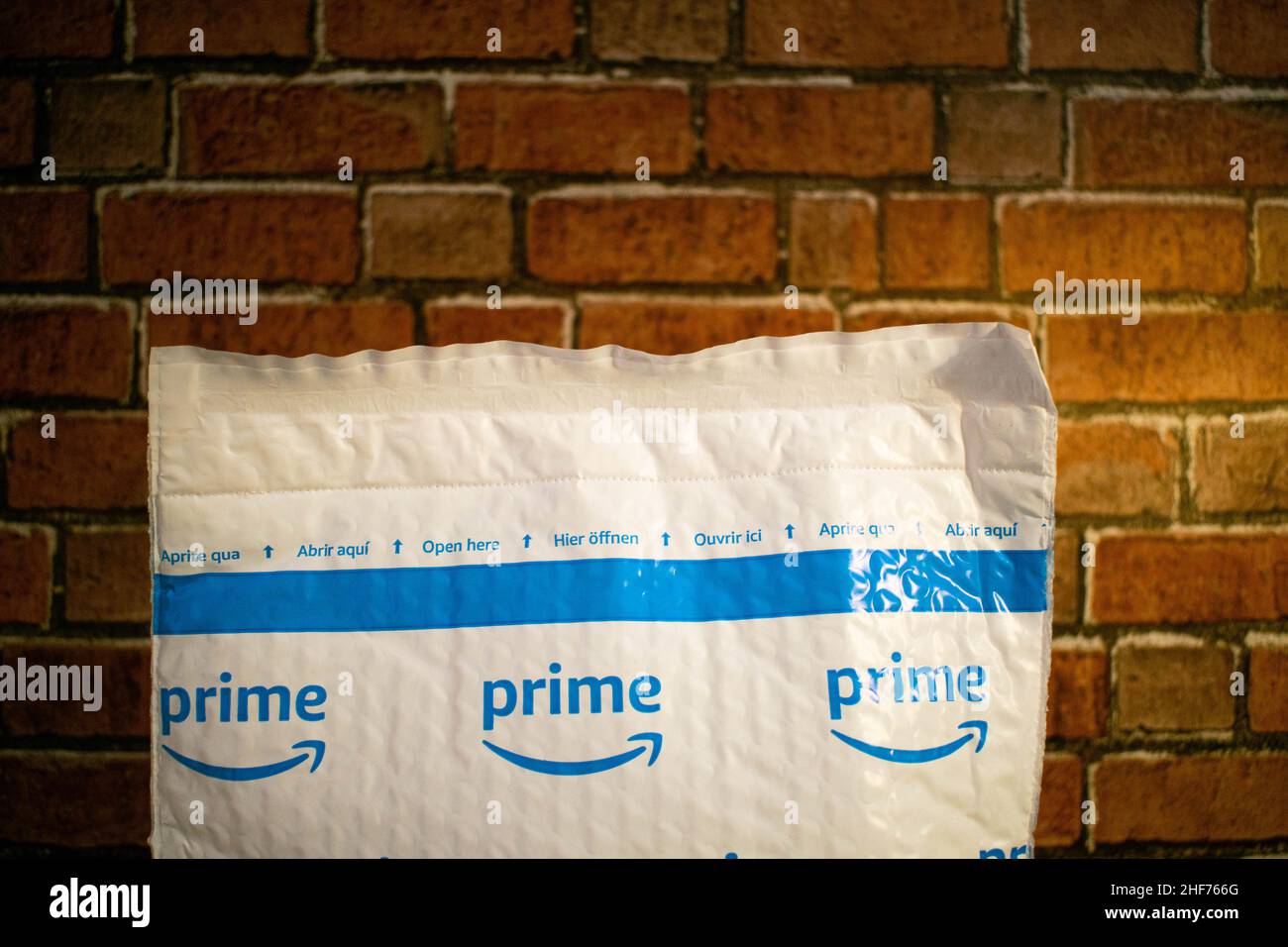Durham, UK - 29th May 2019: An Amazon Prime envelope delivered to the door, next day delivery, with items from the online shop for the consumer. Blurr Stock Photo