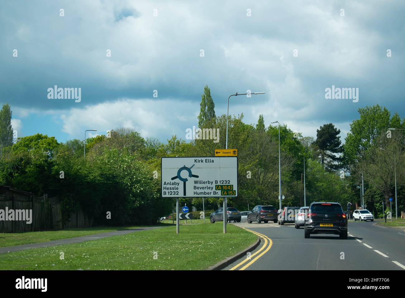 Road sign on street directing to Humber Bridge, Beverley, Willerby, Kirk Ella, Anlaby and Hessle in Kingston upon Hull, East Yorkshire City of Culture Stock Photo