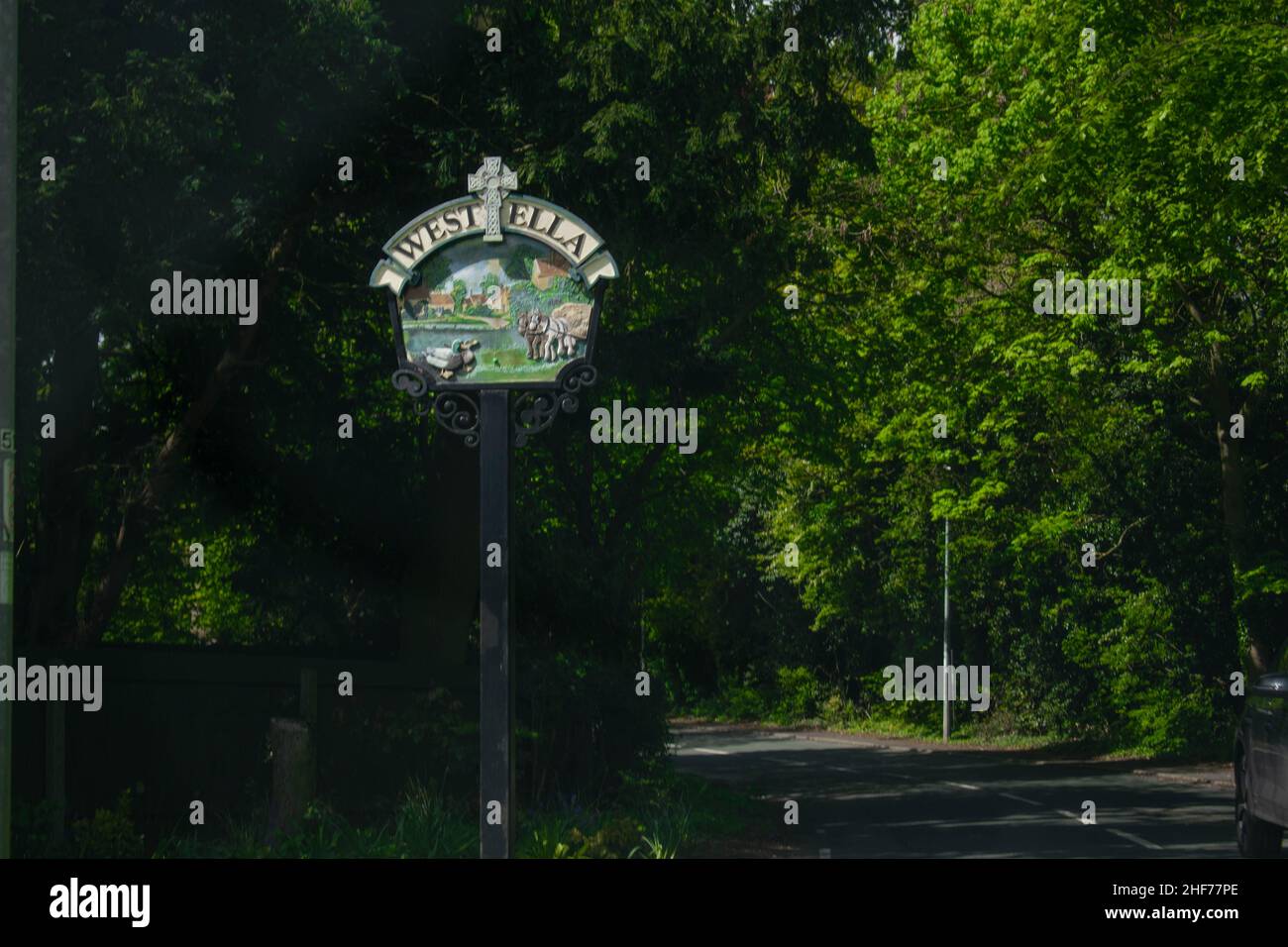 Road sign on street directing to West Ella, Kirk Ella, in Kingston upon
