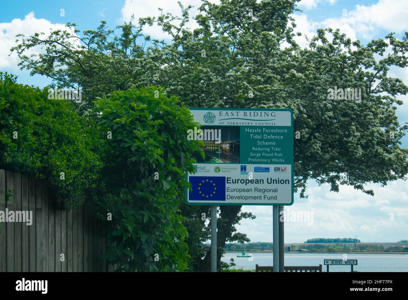 Street sign directing to Hessle foreshore at the Humber Bridge in Kingston upon Hull, East Riding (City of Culture 2017). European Union sign symbol Stock Photo