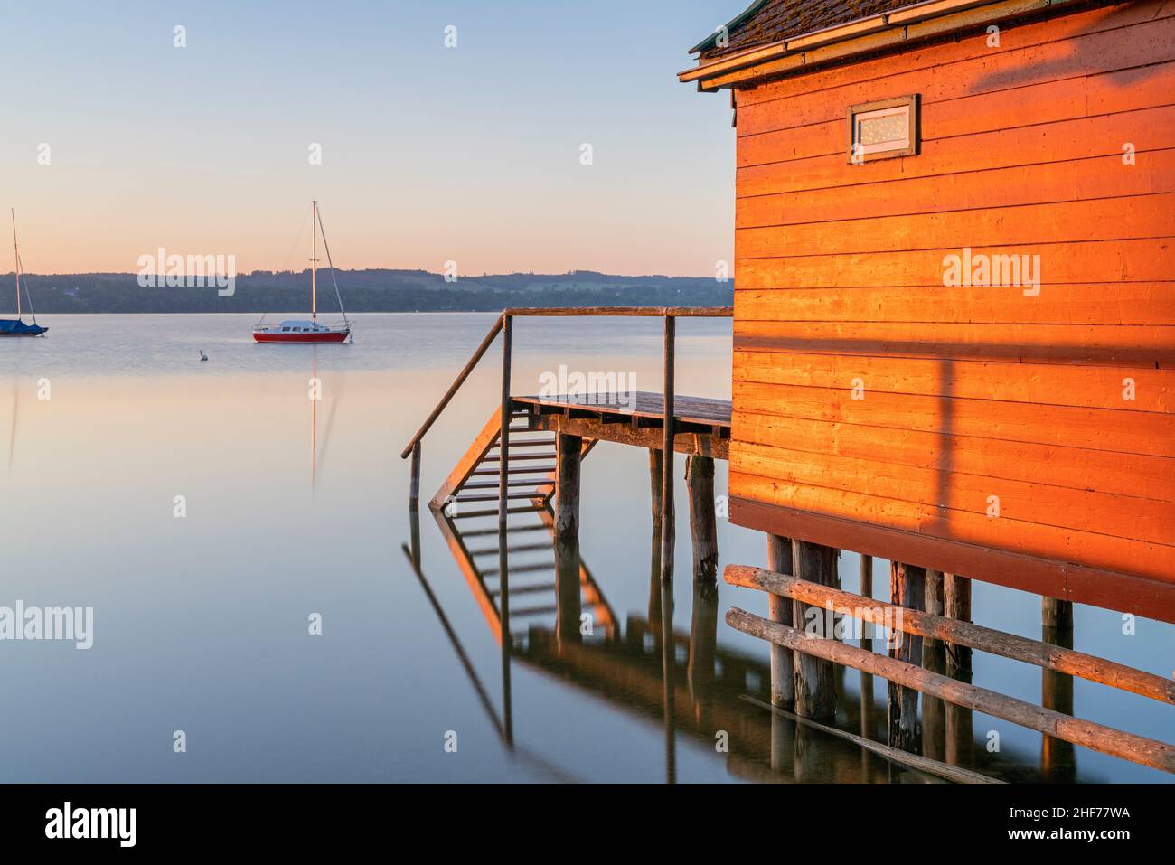 Morning at Ammersee,  Schondorf am Ammersee,  Fünfseenland,  Upper Bavaria,  Bavaria,  Southern Germany,  Germany,  Europe Stock Photo